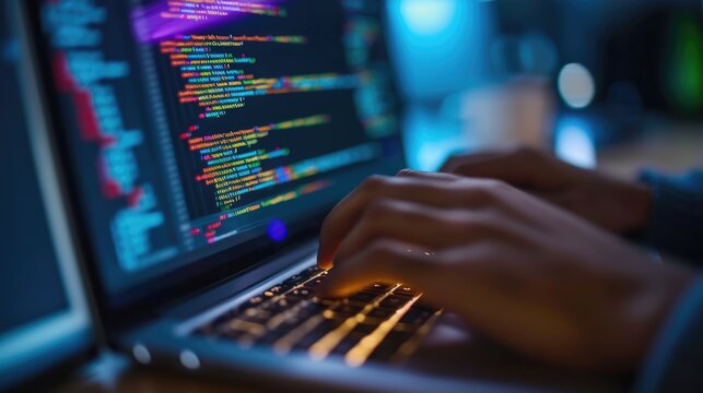Close-up of a programmer's hands typing on a backlit keyboard, with lines of code displayed across multiple computer screens. AIG41