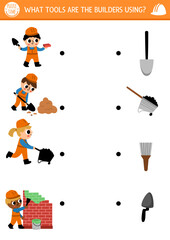 Construction site shadow matching activity with builders and tools. Building works puzzle. Match the silhouette game, printable worksheet. Repair service match up page with brush, wheelbarrow.