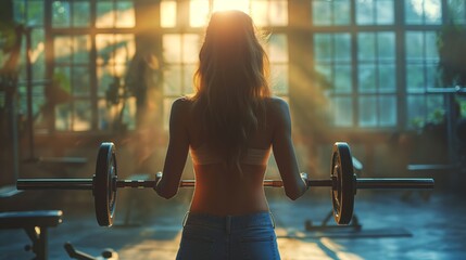 beautiful Young woman lifting weights in gym wide-angel full body shot created by ai - obrazy, fototapety, plakaty