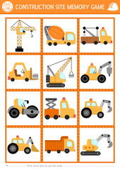 Vector construction site memory game cards with cute special technics. Building works matching activity. Remember and find correct card. Simple printable worksheet with repair vehicles.