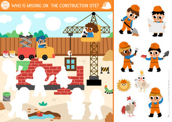 Vector construction site cut and glue activity. Crafting game with cute workers building house. Fun printable worksheet for children. Find the right piece of the puzzle. Complete the picture.