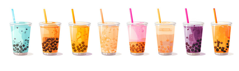 Set of fresh boba bubble milk tea, splashing in glass with tapioca pearls, vector illustration design