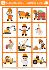 Vector construction site memory game cards with cute repair service workers. Building works matching activity. Remember and find correct card. Simple printable worksheet with builders.