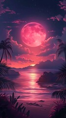 A painting showing a vibrant sunset with silhouetted palm trees and a full moon in the sky.