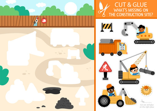 Vector construction site cut and glue activity. Crafting game with cute building works landscape. Fun printable worksheet for children. Find the right piece of the puzzle. Complete the picture.