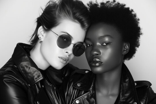 Two women wearing sunglasses and leather jackets pose for a photo