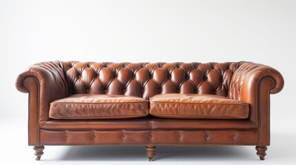 A brown leather couch with a white background. The couch is large and has a classic design. It is a comfortable place to sit and relax. a brown leather sofa infront of a white background, studio