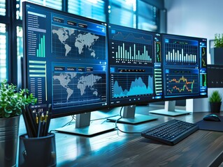 Fototapeta premium High tech workspace with multiple screens displaying data analytics, focused individuals analyzing trends, modern office environment