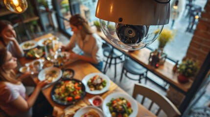 Friends Dining Under Security Camera in Restaurant