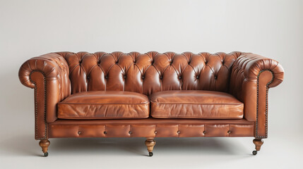 A brown leather couch with a white background. The couch is large and has a classic design. It is a comfortable place to sit and relax. a brown leather sofa infront of a white background, studio