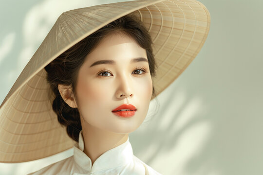 Vietnamese woman wearing a non la hat and a white dress