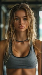 Fototapeta premium beautiful Young woman lifting weights in gym wide-angel full body shot created by ai
