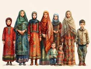 Naklejka premium Eid al Fitr celebrations unite a large family with colorful attire, traditional decorations, and joyful cultural traditions