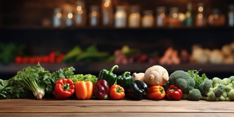 Fresh vegetables in store department on wooden table top. Background for design your products. Mock up. Space for your design.