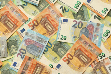 Many european euro money bills. Lot of banknotes of european union currency close up