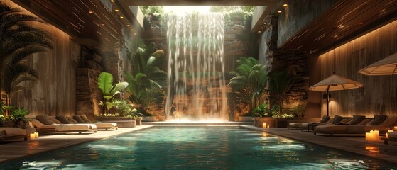 In a luxurious spa, serene water, lit candles, people relax, restoring tranquility and peace - obrazy, fototapety, plakaty