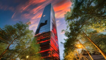 trees, sky and glass facade of a skyscraper with reflection red light turned by sunset - obrazy, fototapety, plakaty