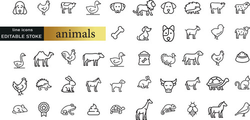 Farm and hunting animals, thin line icon set. Symbol collection in transparent background. Editable vector stroke