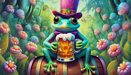 OIL PAINTING STYLE CARTOON CHARACTER multicolored a frog with a top hat sits on a barrel and drinks beer, - obrazy, fototapety, plakaty