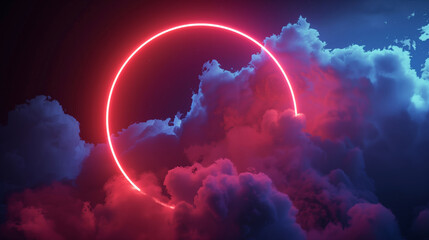 A red circle is in the middle of a blue and purple sky. The circle is surrounded by clouds and the sky is dark. 3d render, abstract cloud illuminated with neon light ring on dark night sky. - Powered by Adobe