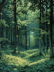 A serene forest with dense green trees, sunlight filtering through leaves, remains untouched by humans