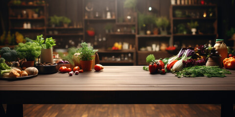 Fresh vegetables in store department on wooden table top. Background for design your products. Mock up. Space for your design.