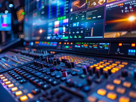 In a modern digital newsroom, screens show global news, journalists work fast paced, informative