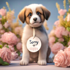 A cute touching dog asks for forgiveness and an apology. A charming dog with a sign SORRY