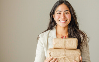 
A smiling woman holds neatly wrapped packages adorned with red berries against a soft grey background, evoking joy and the warmth of gift-giving. - Powered by Adobe