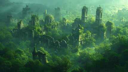 A lush, vibrant forest slowly reclaims an abandoned city, nature's resilience on display amidst urban decay. It's a testament to the power of regeneration. - obrazy, fototapety, plakaty