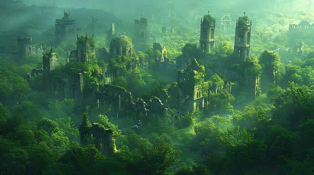 A lush, vibrant forest slowly reclaims an abandoned city, nature's resilience on display amidst urban decay. It's a testament to the power of regeneration.
