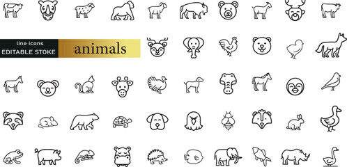 Fototapeta premium Farm and hunting animals, thin line icon set. Symbol collection in transparent background. Editable vector stroke