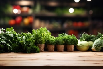 Fresh herbs in store department on wooden table top. Background for design your products. Mock up. Space for your design.