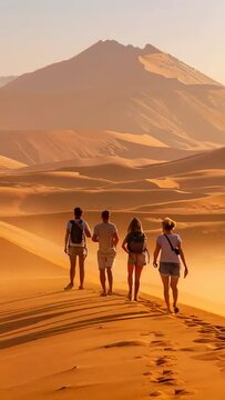 Four people are walking on a sandy desert trail. The sun is setting, casting a warm glow over the landscape. The group is carrying backpacks and handbags
