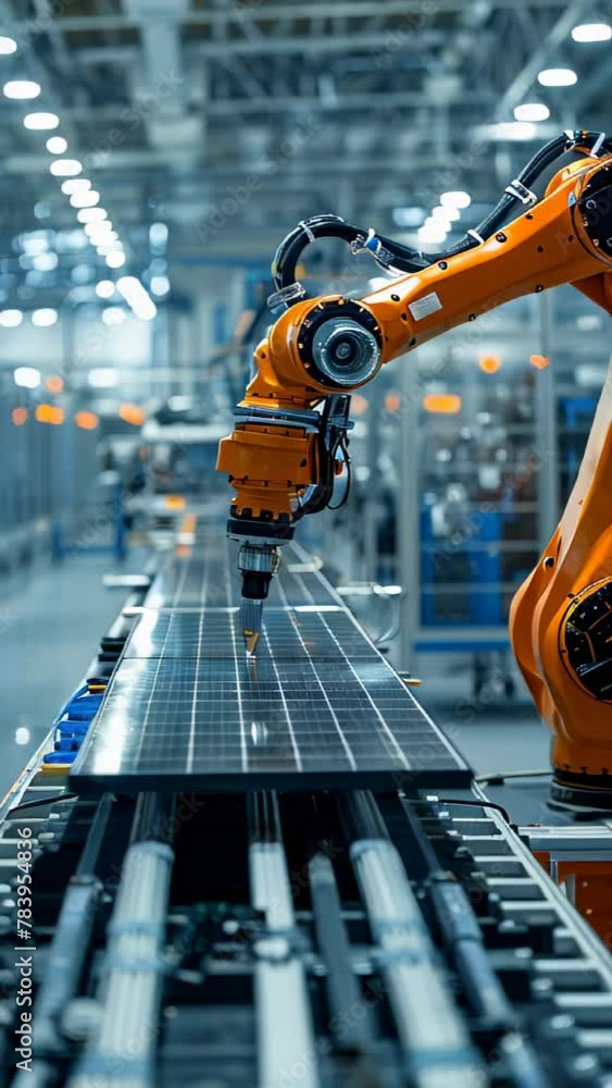 Poster a robot is working on a solar panel. the robot is orange and has a drill in its hand. concept of tec
