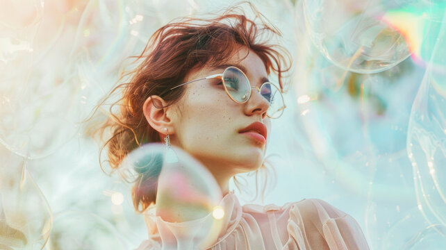 Contemplative woman in dreamy setting exudes calm and artistic flair. Soft lighting and pastel hues create tranquil mood.