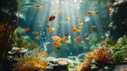 Fototapeta na wymiar Underwater marine life scene, colorful corals, diverse fish swimming, mysterious and beautiful