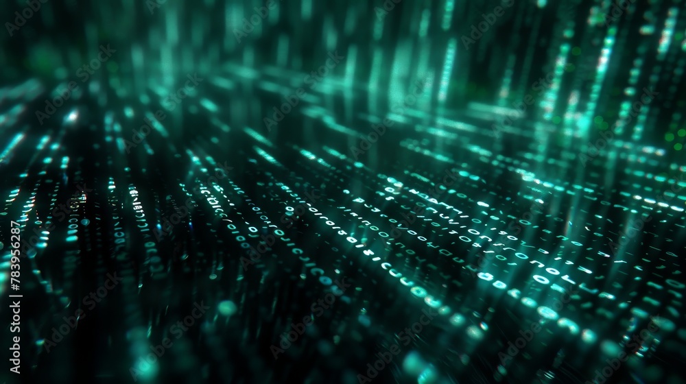 Poster glowing lines and digital nodes on a dark theme with blue and green highlights create an abstract bu