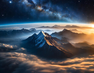 Majestic view of mountains amidst clouds under a starry sky with a galaxy visible, showcasing the beauty of nature and universe. Generative Ai - 783956280