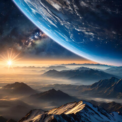 Surreal landscape with Earth, stars, and a glowing sunrise above misty mountains and clouds - 783956294