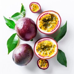 passion fruit with leaves isolated on white background flat lay