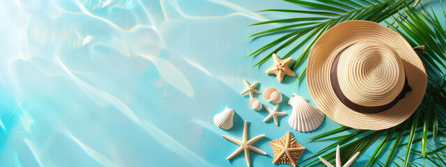 Beach accessories on a blue background - obrazy, fototapety, plakaty