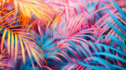 
Neon-lit palm leaves create a vibrant, tropical ambiance with dynamic colors and textures.