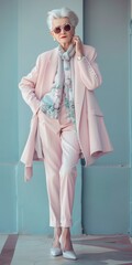 beautiful mature model in fashionable clothes in pastel colors