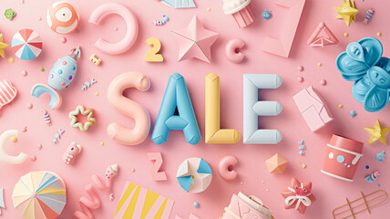 Background featuring soft pastel letters stylized with patterns, surrounded by charming toys on a calm pink background. Ideal for family shopping experiences.