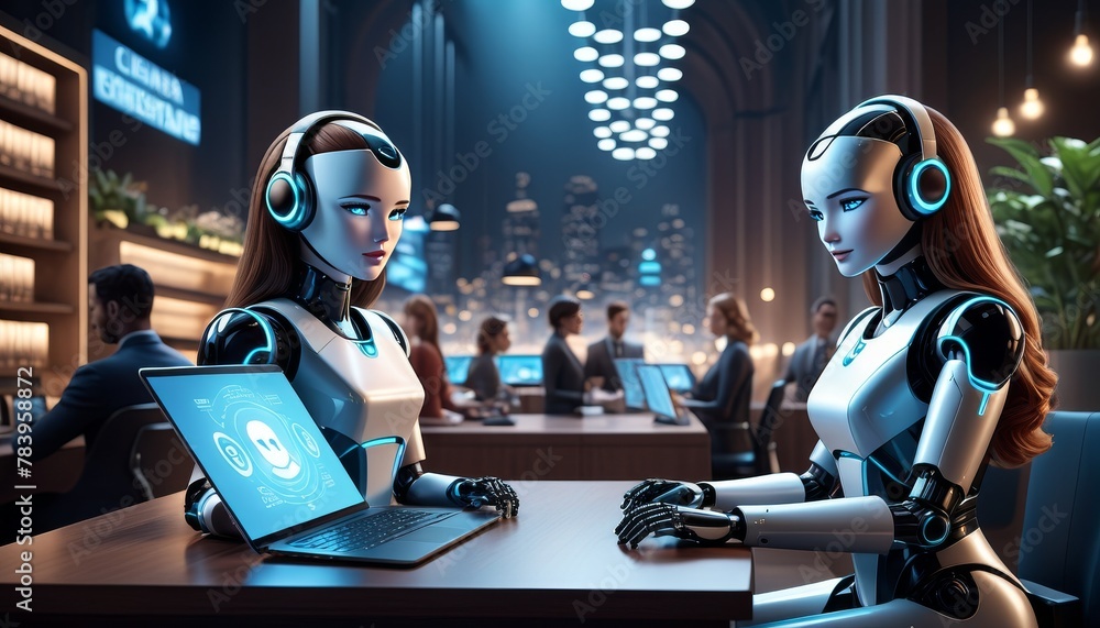 Poster twin humanoid robots engaging in customer service tasks, set against a sophisticated tech company ba