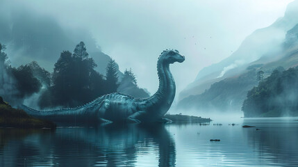 Cartoon Loch Ness monster swimming on a lake. - obrazy, fototapety, plakaty