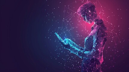 Abstract digital businessman with tablet uses chatbot app. Concept of Artificial Intelligence and technology innovation in the modern business world. Futuristic low poly wireframe