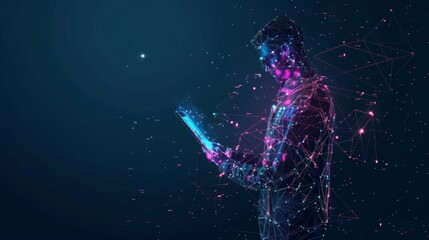 Abstract digital businessman with tablet uses chatbot app. Concept of Artificial Intelligence and technology innovation in the modern business world. Futuristic low poly wireframe