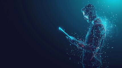 Abstract digital businessman with tablet uses chatbot app. Concept of Artificial Intelligence and technology innovation in the modern business world. Futuristic low poly wireframe
